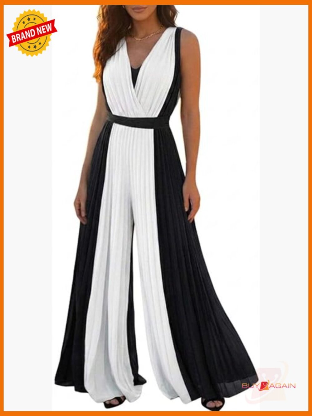 Sleeveless Color-Blocked Jumpsuit Plunge V Neck Waist Tie Pleated